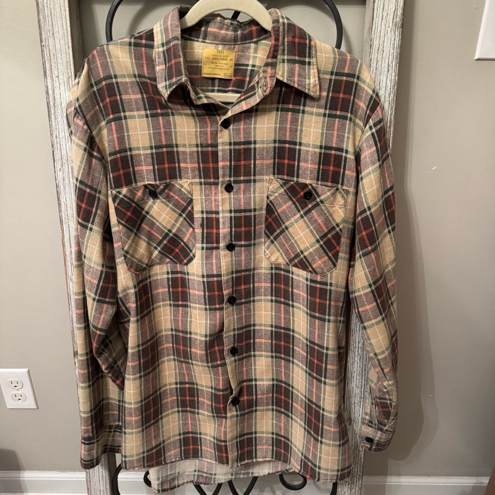 Sears Perma-Prest 1970s Plaid Flannel Shirt Large Tall Beige Red Green‎